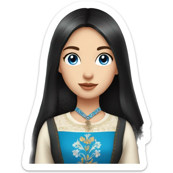 a girl with black straight long hair,blue eyes,standing,very beautiful and hot,Russian,in a folk costume sticker