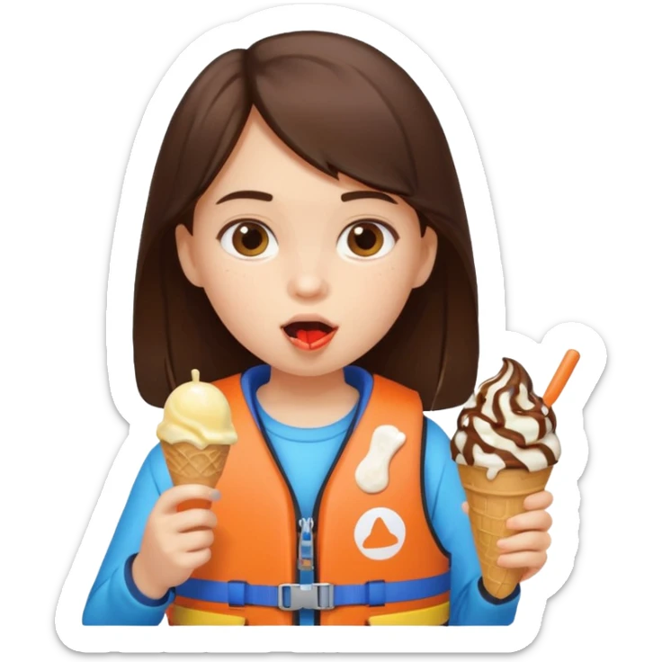 girl brunet kid wearing lifejacket, eating ice cream sticker