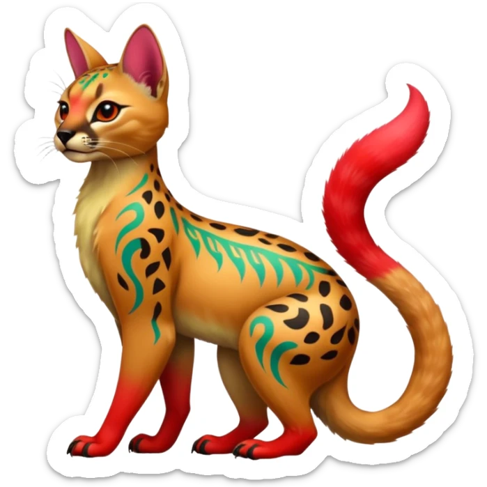 Colorful cute adorable tropical exotic fruity kiwi-green lemony rosy neon-red Caracal-Cheetah-Civet-Trico-fusion-hybrid-animal-creature, full body, with tribal tattoos sticker