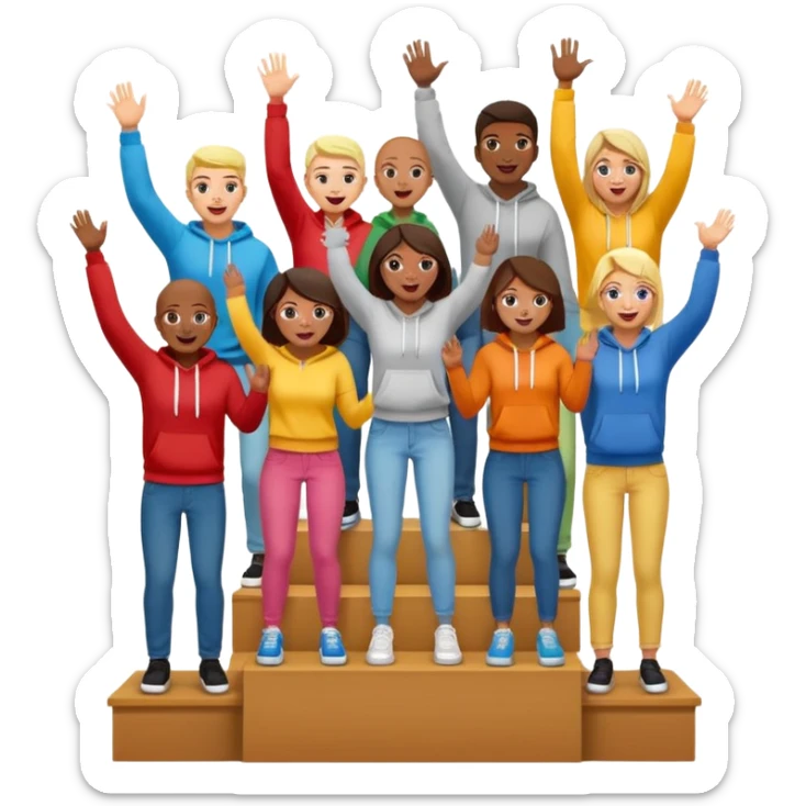 multi-racial people in colorful jeans, t-shirts, and hoodies on a brown winners’ podium, middle step higher, no numbers, excited, fun, expressive emoji style sticker