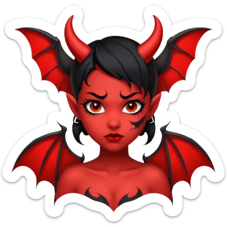 Demon girl: red skin, black hair, small horns, bat wing; tattoo-flash comic style; red/black palette; bold outlines; dark background; no text. sticker