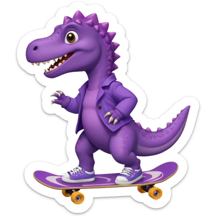 a purple dinosaur on a skateboard wearing a coat with sneakers in the bottom sticker