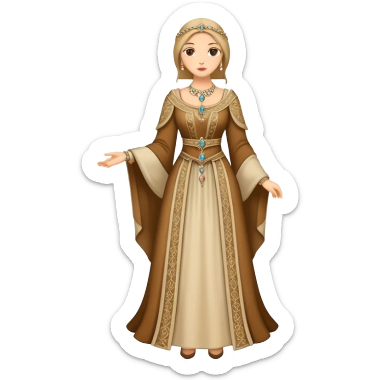 Full body of wealthy medieval townswomen in elegant dress with jewelry and fine embroidered clothing sticker