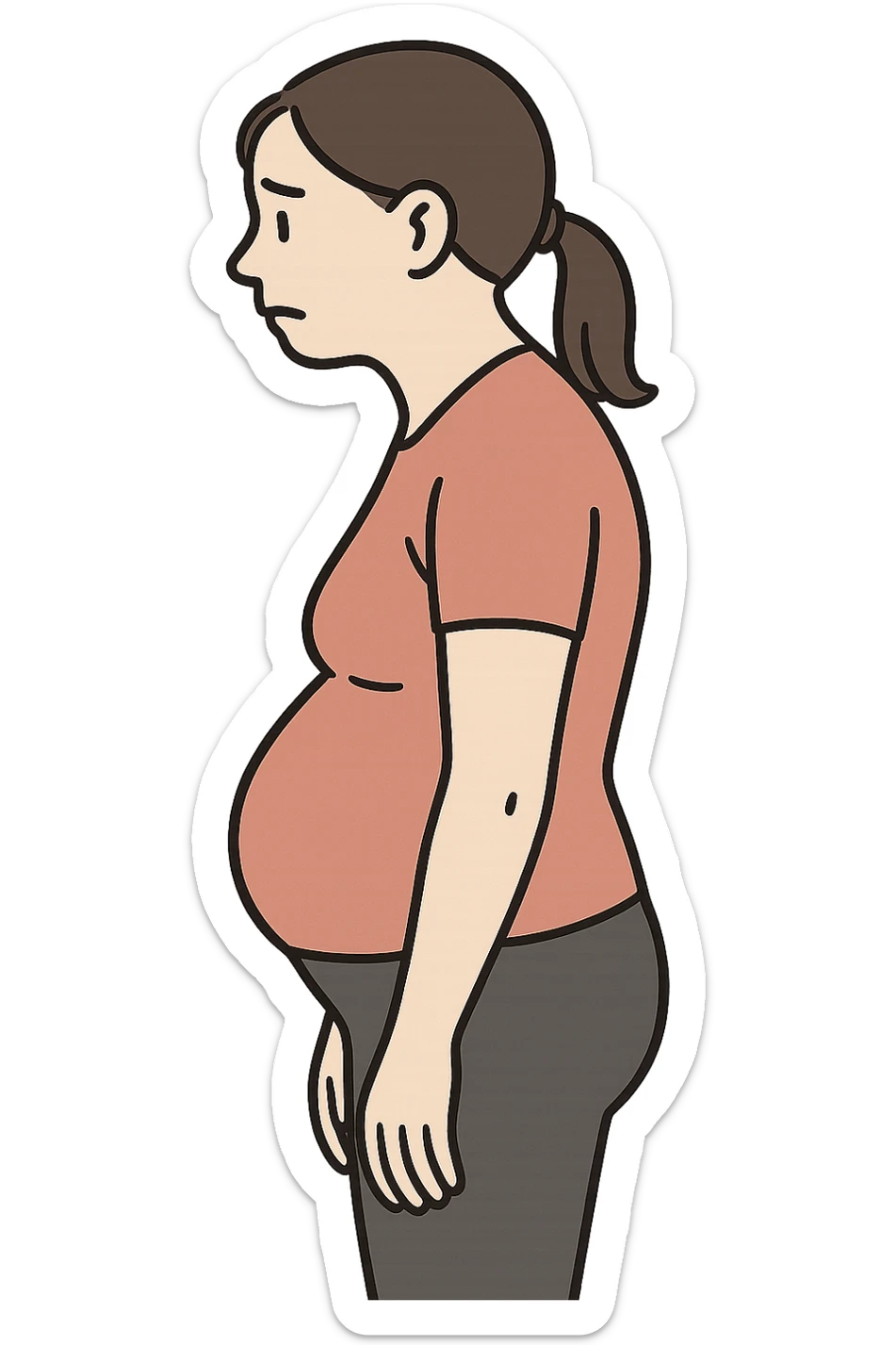 DONNA DI PROFILO CON LA POSTURA SBAGLIATA, LA PANCIA IN FUORI E LE SPALLE CHIUSE sticker