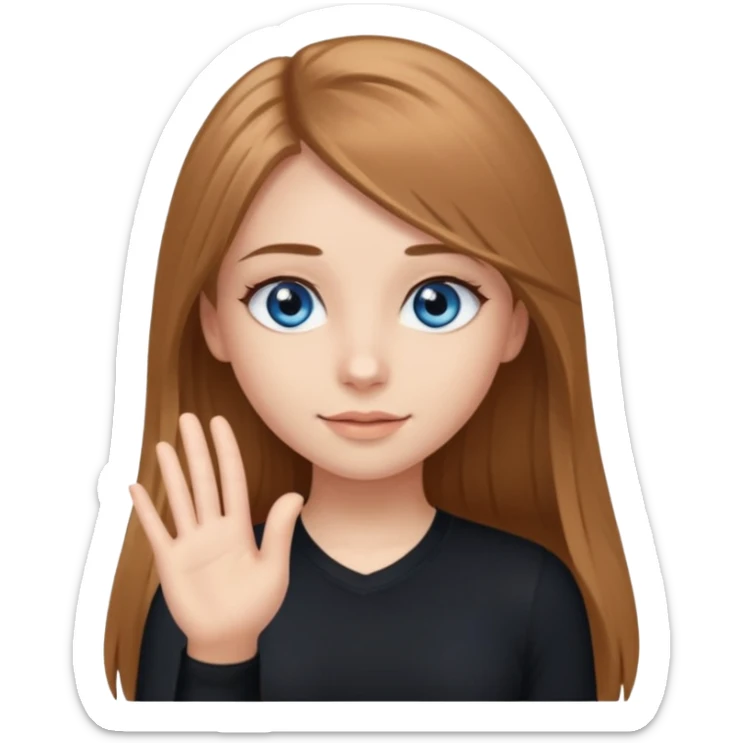 A girly girl with long eyelashes, very long light brown hair, blue eyes, with her palm up. with black undershirt sticker
