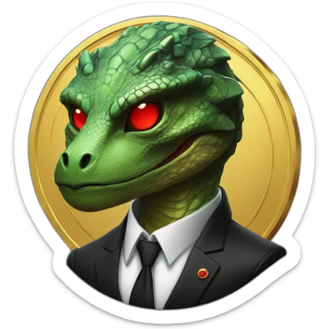 Reptilian with red laser eyes in black suite on the golden coin sticker