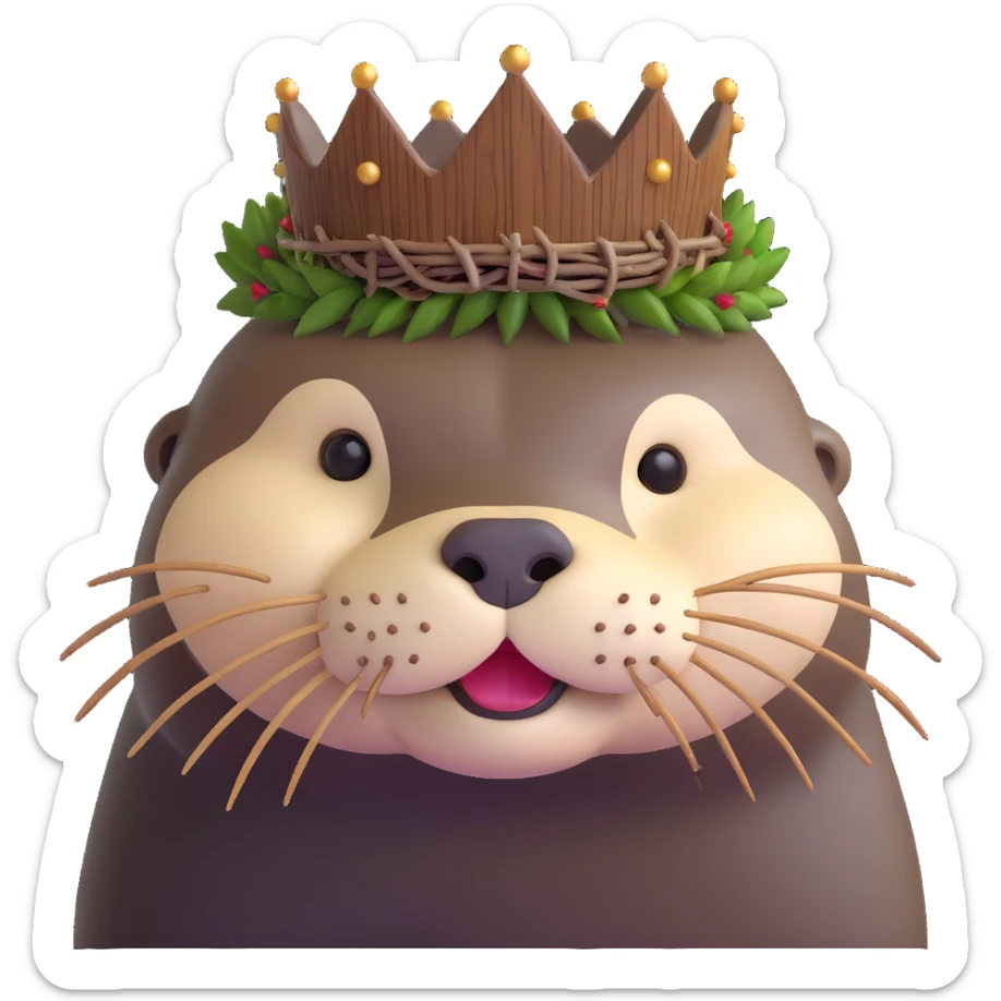 really cute confused otter face portrait with simple wooden thorny stem wrapped horizontally around its forehead like Jesus Crown of thorns, no metal, natural wood thorns, portrait painting style sticker
