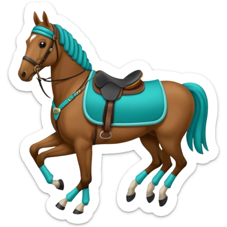 Horse with a eat bonnet teal, a saddle pas teal, polos teal on the legs and a black saddle sticker