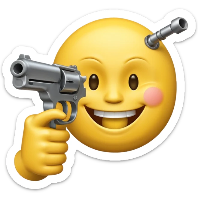 Yellow laughing face pointing gun at its own mount. The barrel of the gun is pointed towards the smile into the mouth. The back of the gun faces the viewer sticker