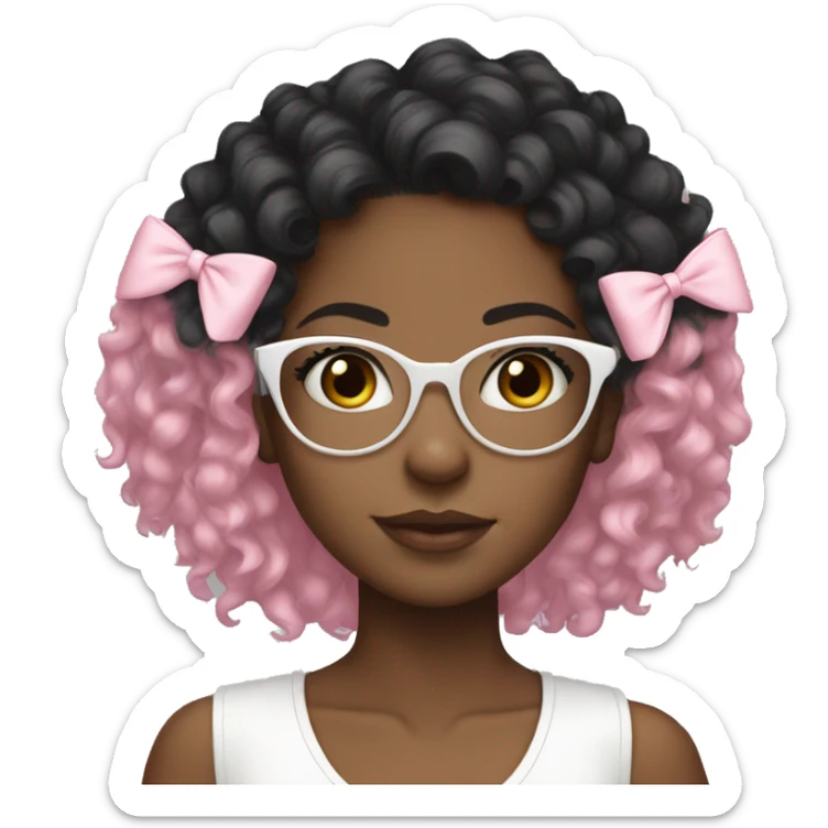 Black girl with black curly hair and a white top, clear glasses, pink hair bow, white hear necklace  sticker