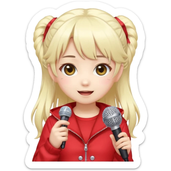 Cute kawaii emoji-style Japanese K-pop singer girl, long platinum blonde hair in twin tails, red outfit, holding a microphone, Japanese K-pop idol vibes, big sparkling eyes, chibi proportions, clean lineart, pastel colors, cheerful idol smile, sticker/emoji style, transparent background sticker