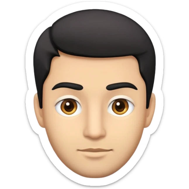 Emoji man's head of South Asian male with light skin, 5 o-clock shadow, short sides hairstyle with longer layers in top, right side hair part, and black hair. Medium fair-skinned Pakistani. Brown eyes. sticker