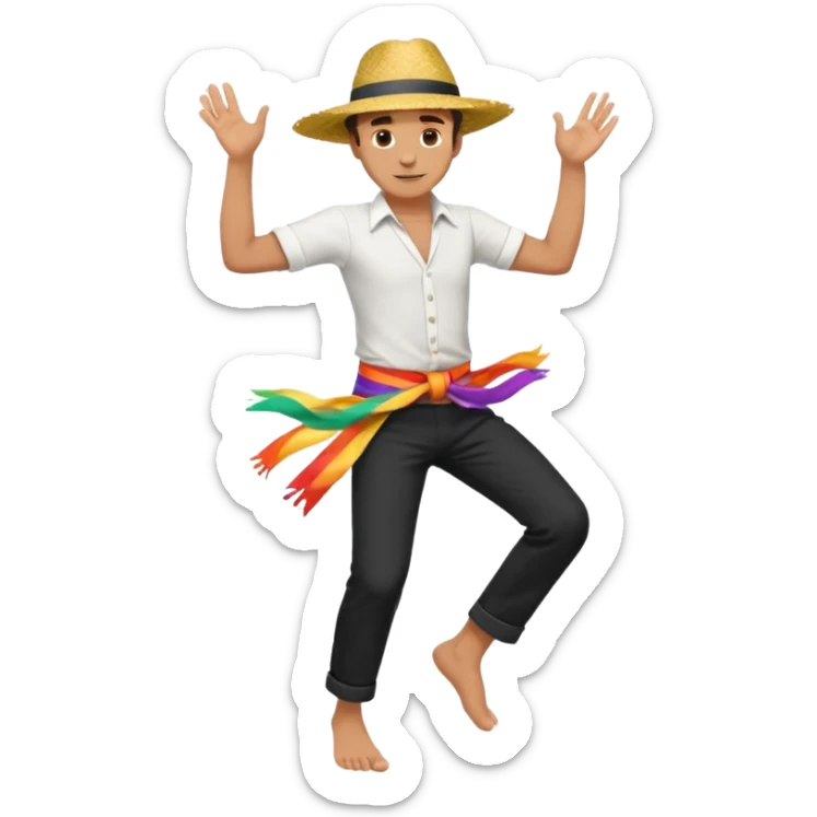 barefoot man dancing in black pants, white shirt, colorful sash in his waist, rural wide-brimmed straw hat sticker