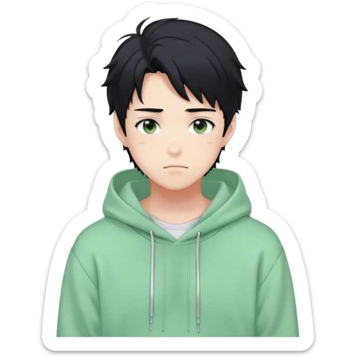 Gorgeous pastel green sweater black hair anime style shojo guy with blushing face and, hoodie, aesthetic, young adult, trending style, outside, vedal987 sticker