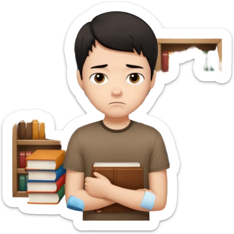 generate a pretty bratz fair skinned boy with short black hair wearing a brown tshirt surrounded by books n looking very sad sticker