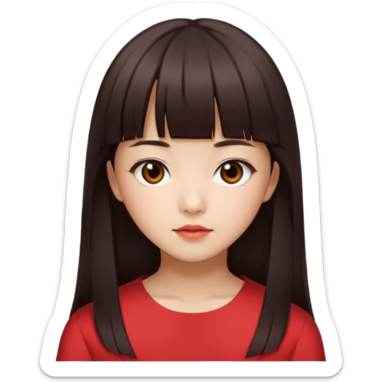Korean girl, red top, black brown hair, brown eyes, long hair, cool girl, aesthetic, long hair, hime cut, blunt bangs sticker