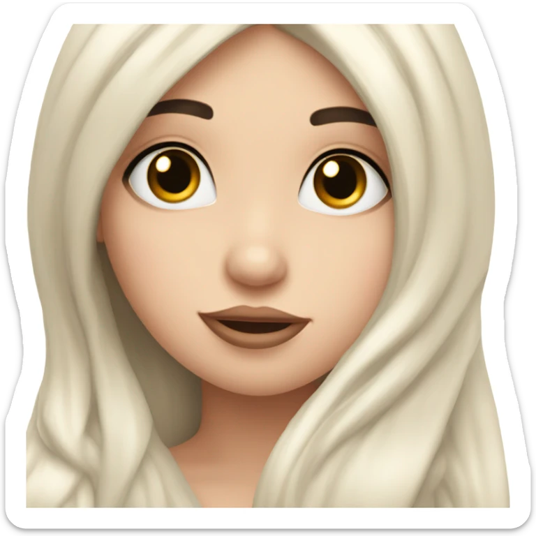 a white girl with rosy cheeks and long eyelashes and long black hair blowing a kiss sticker