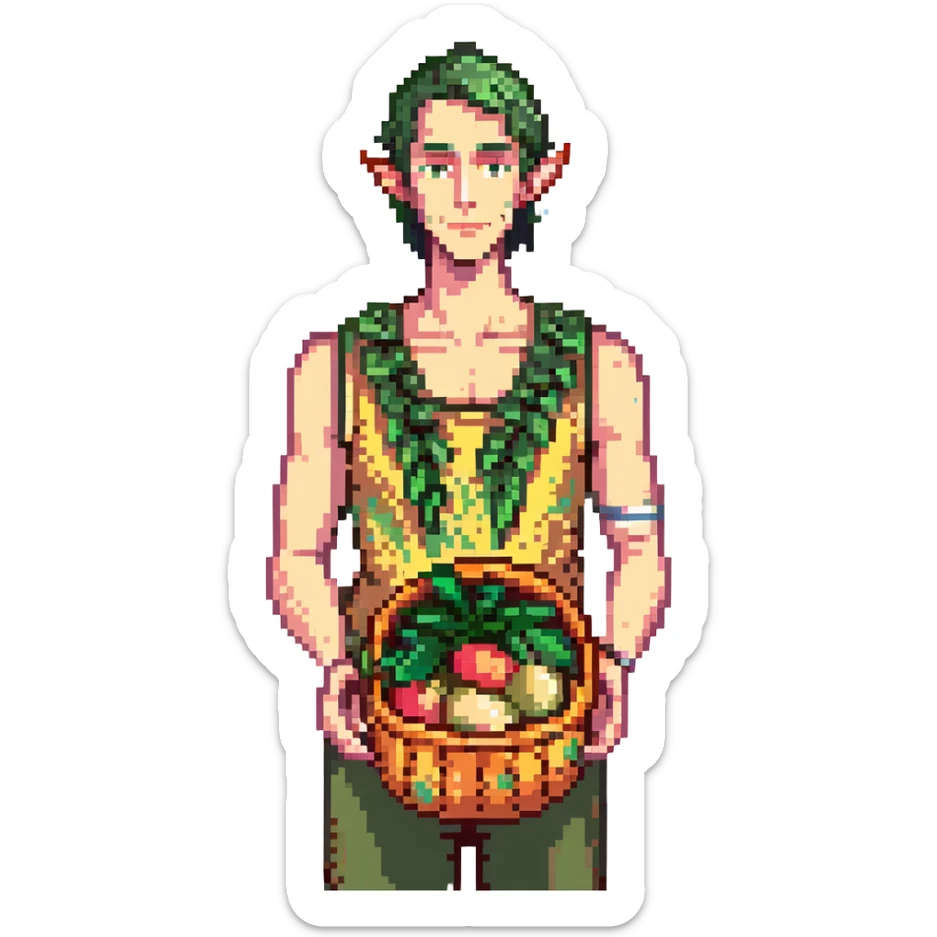 elf male Sleeveless vest with palm-leaf print, basket of exotic fruits (mango/lychee), sunburned nose. sticker