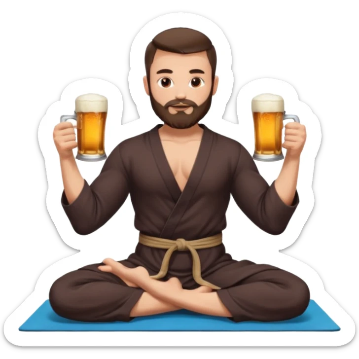 slavic muscled guy with dark brown hair and beard, sitting in yoga pose on a mat, dark colors robe, long and volume dark hair, holding beer mugs in two hands, sitting sticker