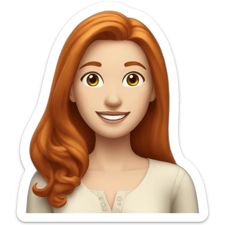 redhead white woman with medium long straight hair, greets smiling, wearing romantic blouse sticker