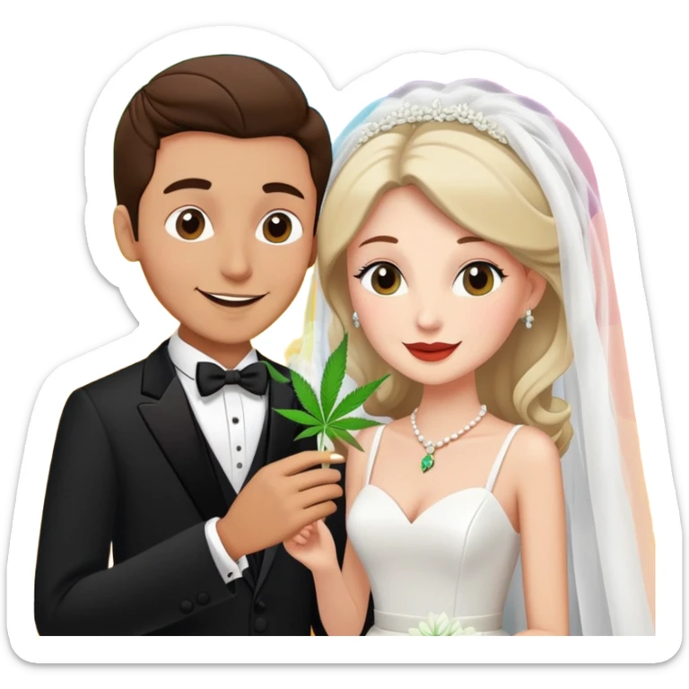 Bride in white dress and groom in tuxedo sharing a cannabis joint, cheerful cartoon wedding couple with vibrant colorful background sticker