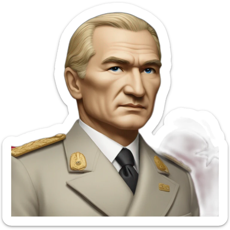 a portrait of mustafa kemal ataturk with blonde hair and blue eyes looking at turkey flag sticker