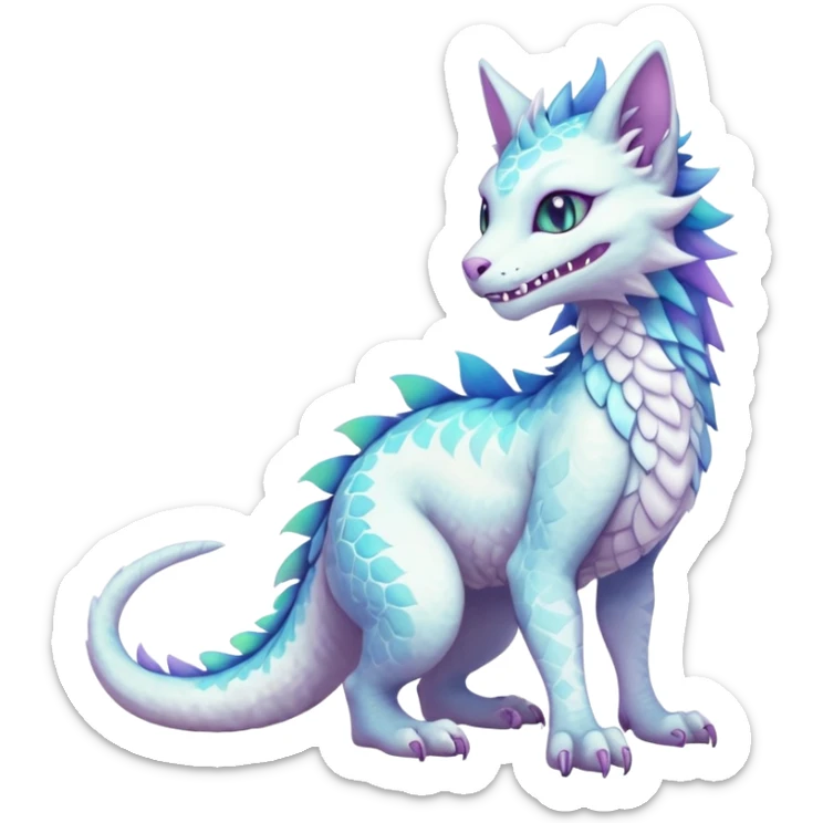 Kawaii white pastel iridescent beautiful pretty elegant divine edgy fantasy feline-vernid-sergal-Haku-dragon-fursona animal creature, full body with intricate markings  sticker
