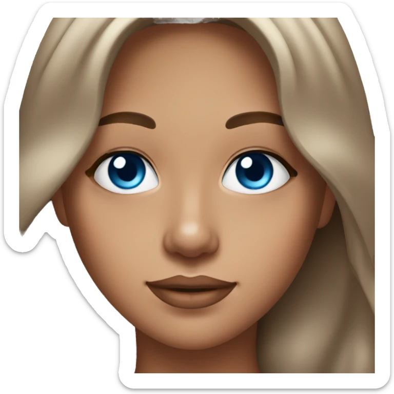 Beautiful tanned girl, long hair, brunette, Brown hair blue eyes, light pink lip color sticker