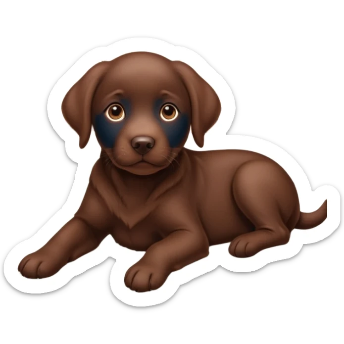 A chocolate Labrador Retriever puppy lying on a cozy carpet indoors, looking curious. Warm indoor light, realistic fur detail, shallow depth of field. sticker