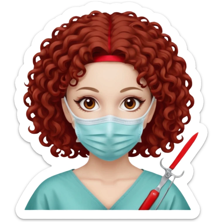 Lilith symbol seductress evil surgeon. Hair curly, and brown. Long curly brown hair. Red surgical mask and hair covering. She works for cartel and kills  with a scalpel. sticker