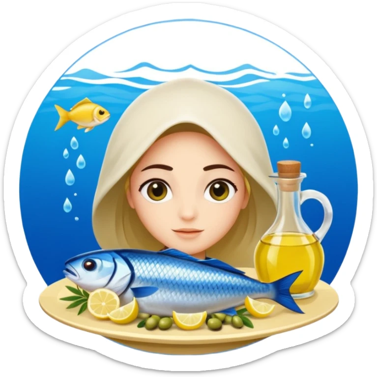 Mediterranean cuisine avatar in clean emoji-style illustration. Olive oil, fish, lemon, blue and sunny colors, light and fresh mood, flat design, high contrast. sticker