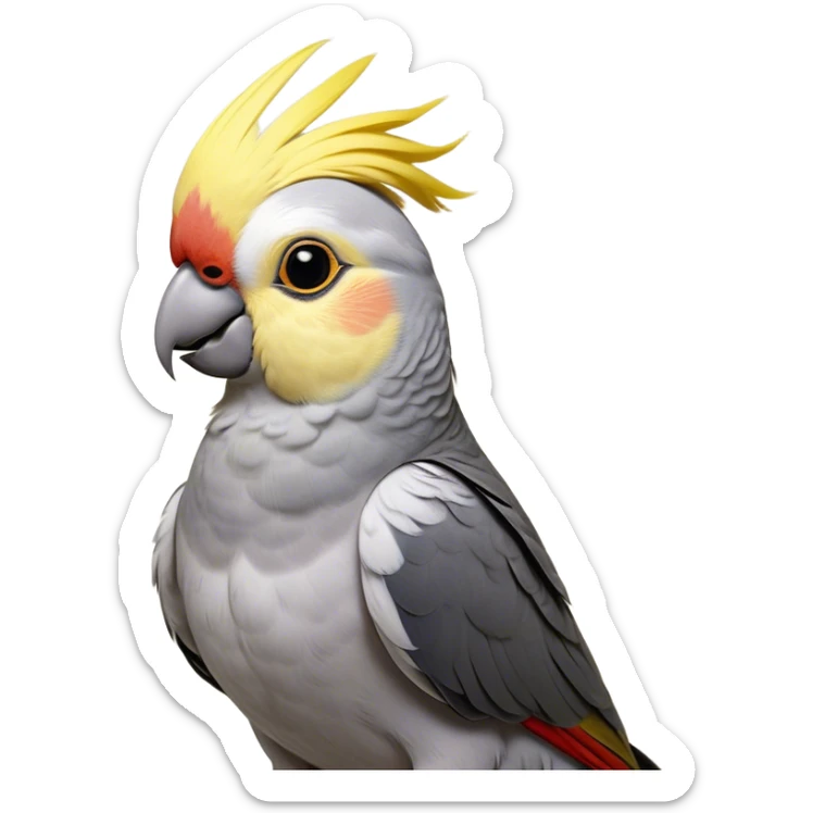 Cinematic Noble Cockatiel Portrait Emoji, Poised and regal, with a slender, delicate build and a beautifully groomed grey fur accented by vibrant yellow cheek patches and a graceful crest, deep-set soulful dark eyes, Simplified yet sharp and sophisticated features, highly detailed, glowing with a soft, dignified glow, high shine, intelligent and charming, stylized with an air of elegance, focused and attentive, soft glowing outline, capturing the essence of a watchful and confident avian companion, so majestic it feels as though it could flutter out of the screen with effortless authority! sticker