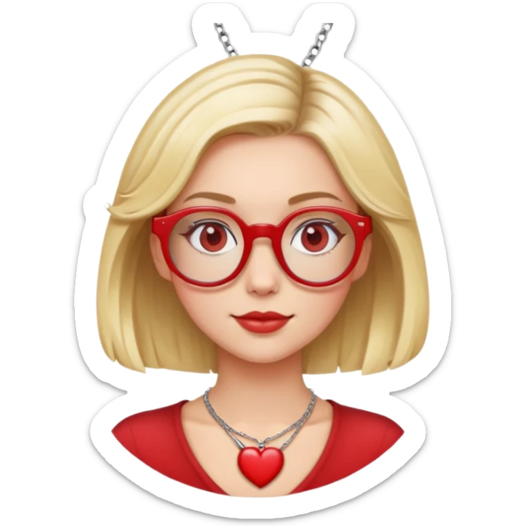 white girl head with short blonde bob hair slightly curled, red round glasses, heart necklace sticker