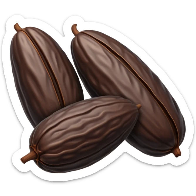 single or small cluster of Tonka beans with wrinkled, elongated almond-like shapes, deep brown to black color, textured slightly glossy surface with visible ridges and curved natural form, soft lighting, subtle shadows, emoji scale sticker