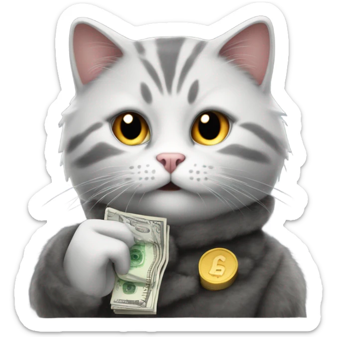 Grey and white domestic short hair cat in a fur coat smoking a cigarette and counting money  sticker