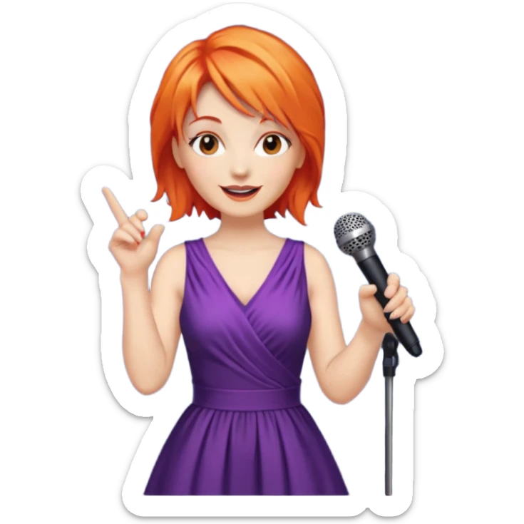 singer, Middle age, orange hair, happy, holding mic, wearing dress sticker