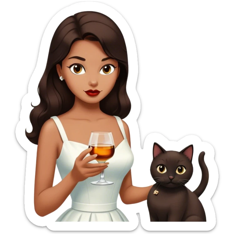 Beautiful woman in 1950’s woman fashion look, white dress, long dark brown hair, whisky with ice, black cat sticker