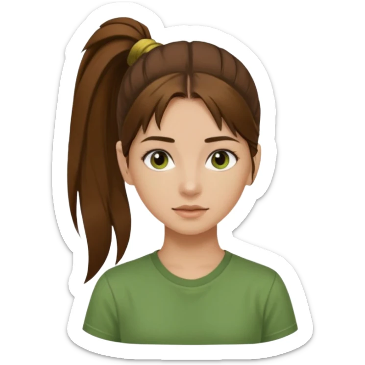 Make a zumba coach emoji, brown eyes, brown hair girl, green shirt withe "the roots" on it, longer pony tail hair sticker