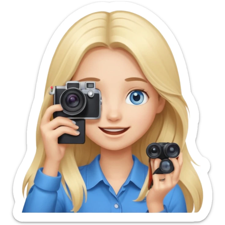  blue eyes blonde girl photographer cartoon taking picture in middle of taking picture camera in front of face long hair smiling funny flash professiona sticker