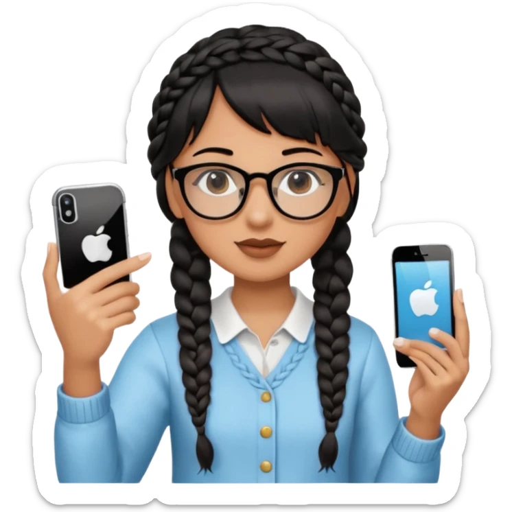 Black hair is braided to one side, braided to the left, and bangs, wearing horn-rimmed glasses, holding an iPhone white color and taking a mirror selfie so that Apple logo comes out sticker