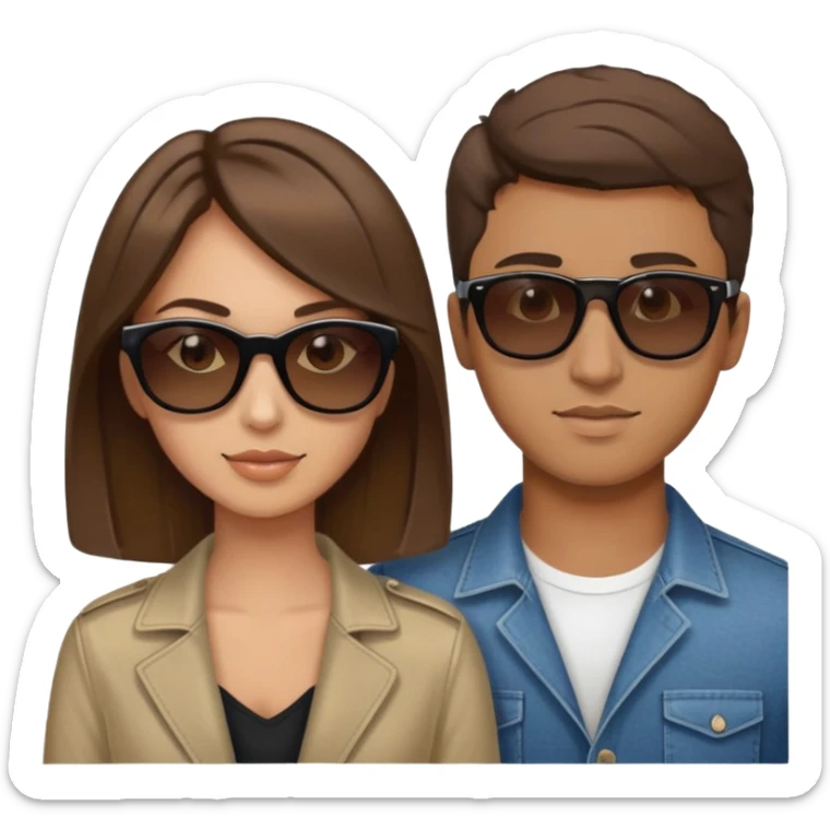 one guy and a girl posing together. The guy looks a bit like jim carrey but he is 26, he has medium short brown hait and wears sunglasses. The girl looks a bit like Keira Knightley, she is 26 as well, has dark blond hair and brown eyes.  sticker