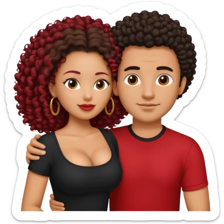 A picture of a tanned couple embracing. the guy is Mexican, with a bald hair cut and he is wearing a red shirt. the girl is mixed, the girl is wearing a black shirt, the girl has brown curly big hair and with big boobs  sticker