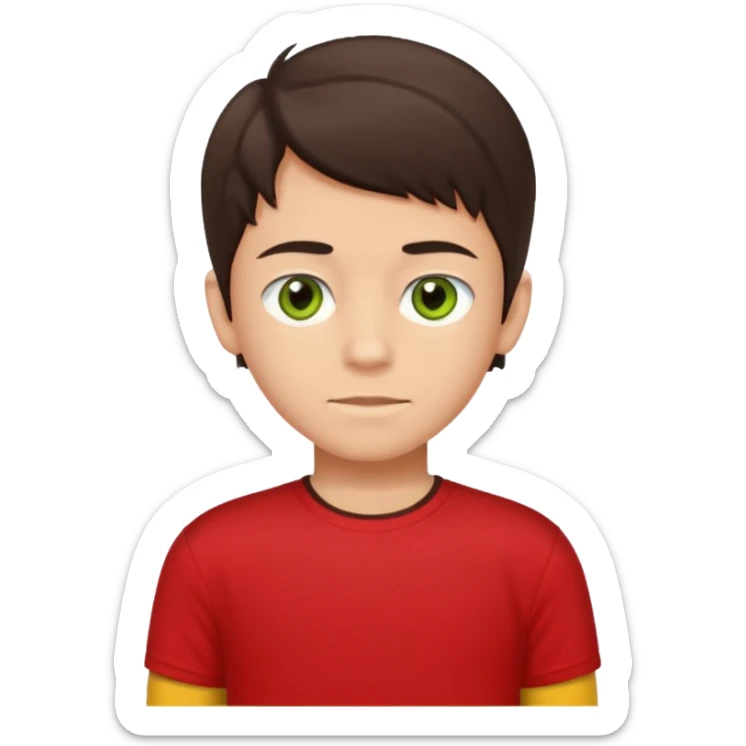 A portrait of a 14-year-old boy, he's got dark-brown hair, light brownish skin and green hazel eyes. he's wearing a red t-sirt with yellow sleeves. sticker