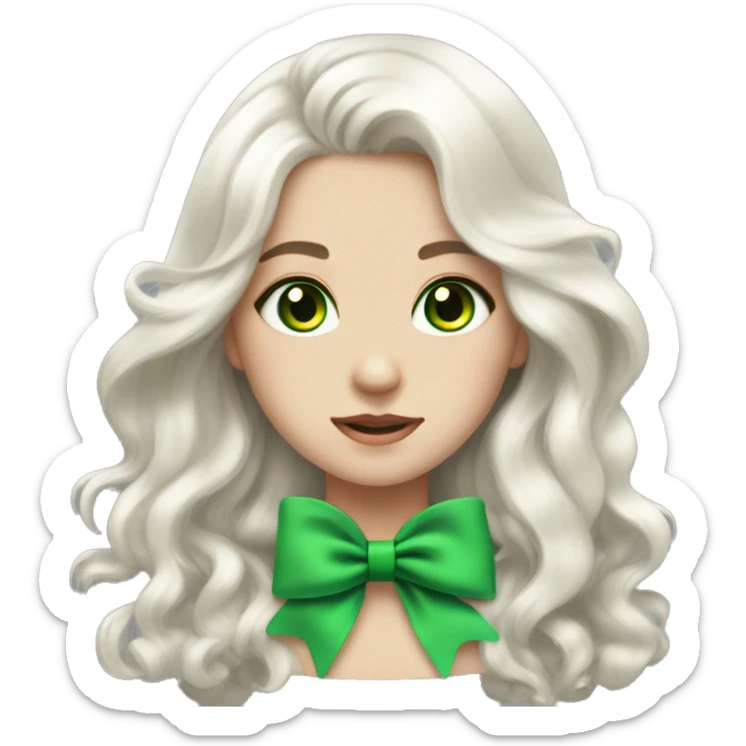 pale girl with long platinum white wavy hair with bright green eyes and wearing a black hair bow sticker