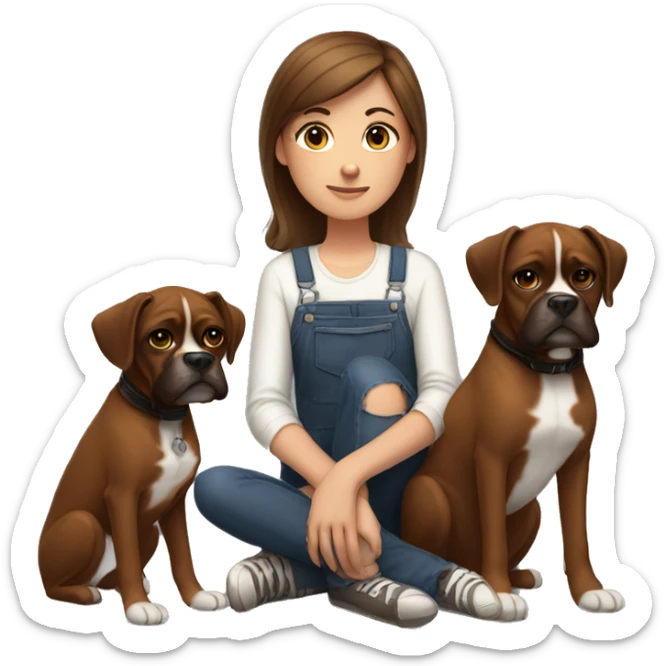 a girl with brown hair, sitting with two dark brown, boxer dogs sticker