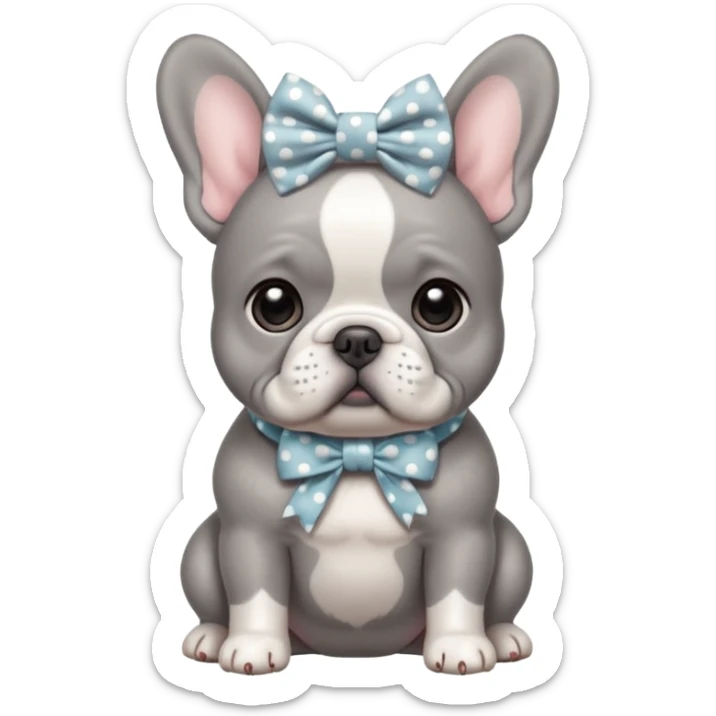 Gray French bulldog puppy with white belly, wearing oversized polka dot bow sticker