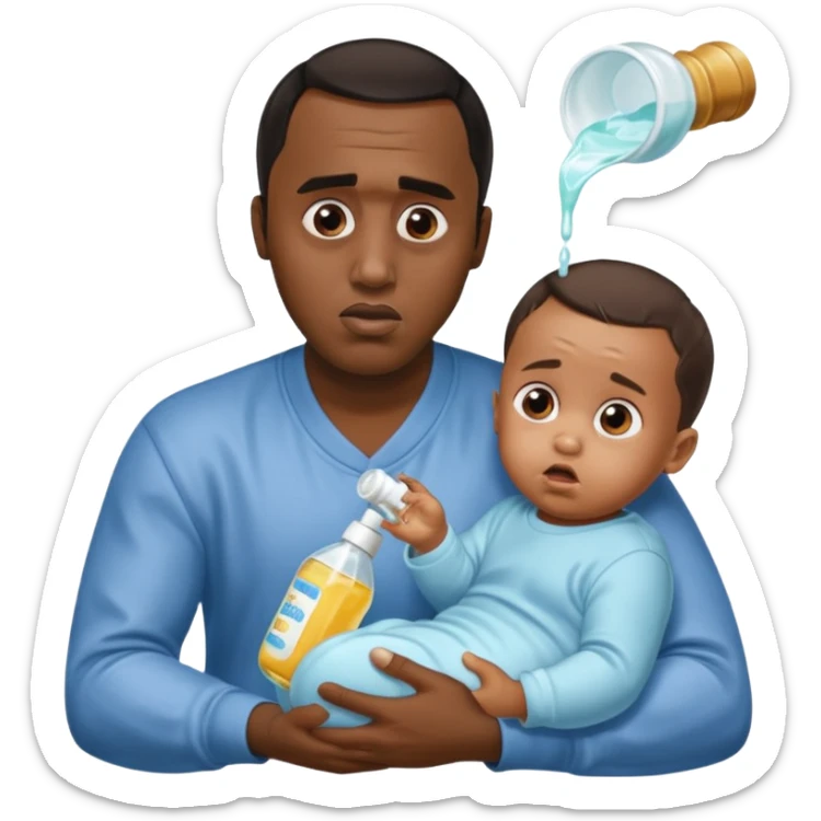 Sean “Diddy” Combs with baby oil and a very small infant and he’s pouring the baby oil on the baby and they have a scared face they’re really scared sticker