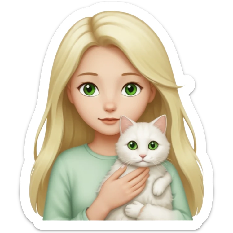 A cartoon-style digital illustration of a fair-skinned young woman with long blonde hair and brown eyes gently holding a fluffy white cat with green eyes against a white background. sticker