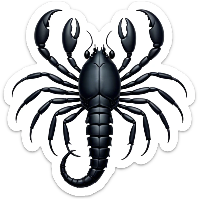 Cinematic Noble Emperor Scorpion Portrait Emoji, Poised and formidable, with a robust, armored build and a glossy, jet-black exoskeleton accented by striking, segmented pincers, deep-set piercing eyes, Simplified yet sharp and sophisticated features, highly detailed, glowing with a cool, dignified glow, high shine, intelligent and imposing, stylized with an air of ancient desert majesty, focused and attentive, soft glowing outline, capturing the essence of a watchful and commanding scorpion that feels as though it could silently creep out of the screen with effortless authority! sticker