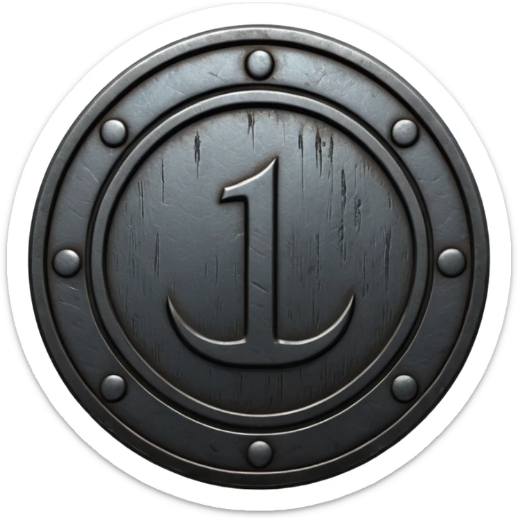 Minimal emoji, gothic metal coin made of black steel, engraved number 1 at the center, ancient industrial aesthetic, worn metal texture, no glow, no neon, flat emoji design, centered, transparent background sticker